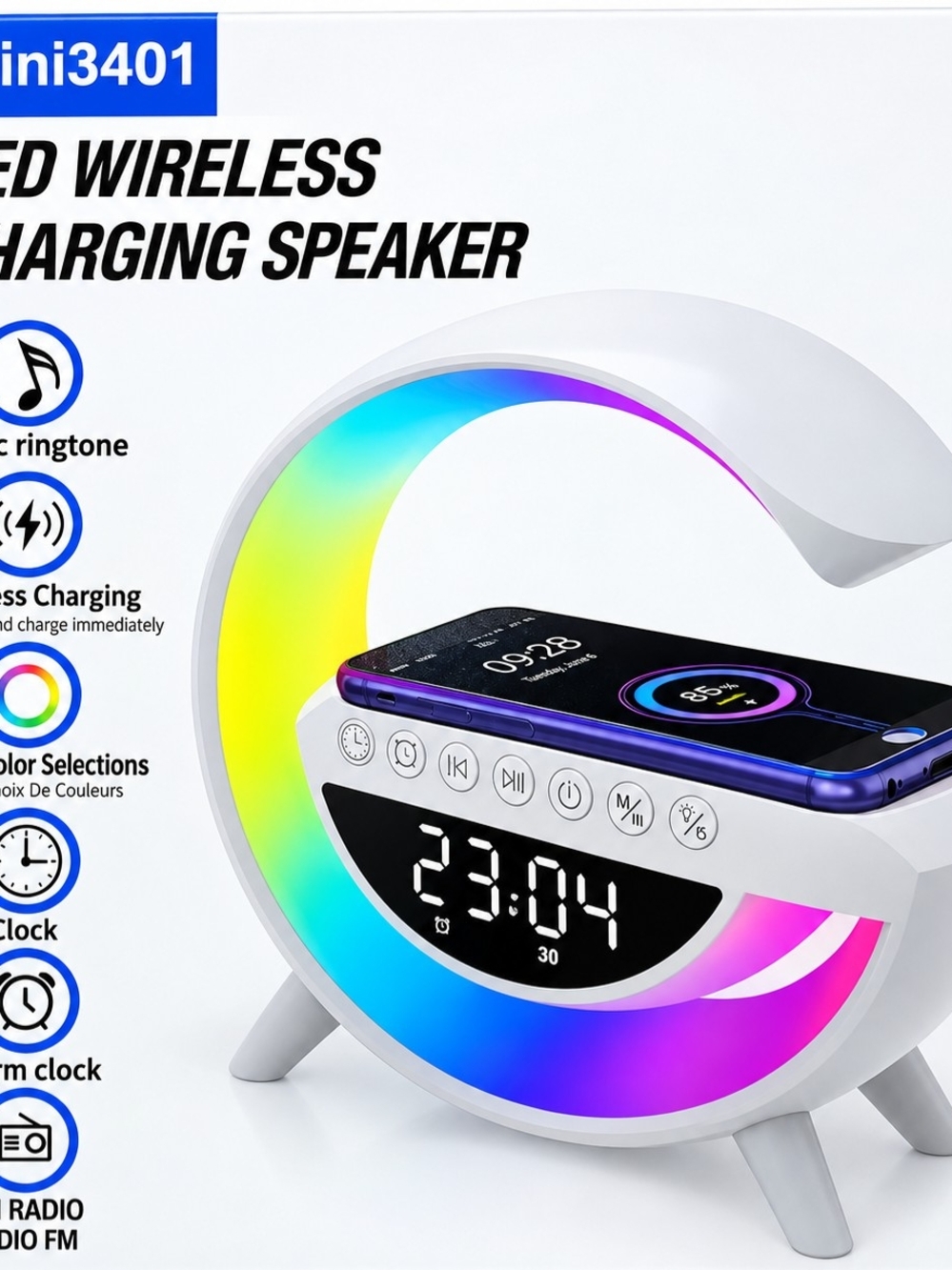 Mini3401 White LED Wireless Charging Clock Speaker
